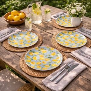 Shabby Chic Lemon Print Melamine Dinner Plates Set of 4 Size 11 in Blue Yellow